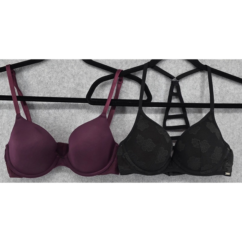 Lot of 2 Victoria's Secret PINK 34B Bras Purple Black Lace Racerback Lined Demi